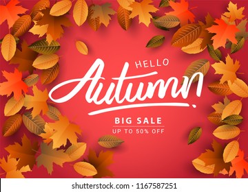 Autumn Sale Background, Hand Drawn Autumn calligraphy with falling leaves, Web Banner, shopping sale or seasonal poster, Postcard and Invitation card. Vector illustration