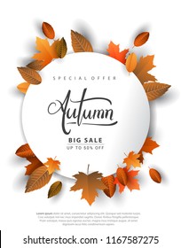 Autumn Sale Background, Hand Drawn Autumn calligraphy with falling leaves, Web Banner, shopping sale or seasonal poster, Postcard and Invitation card. Vector illustration