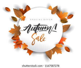 Autumn Sale Background, Hand Drawn Autumn calligraphy with falling leaves, Web Banner, shopping sale or seasonal poster, Postcard and Invitation card. Vector illustration