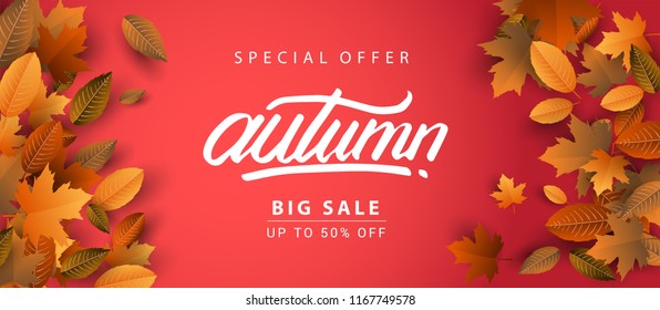 Autumn Sale Background, Hand Drawn Autumn calligraphy with falling leaves, Web Banner, shopping sale or seasonal poster, Postcard and Invitation card. Vector illustration