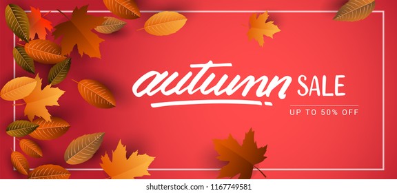 Autumn Sale Background, Hand Drawn Autumn calligraphy with falling leaves, Web Banner, shopping sale or seasonal poster, Postcard and Invitation card. Vector illustration