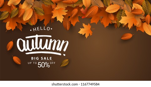 Autumn Sale Background, Hand Drawn Autumn calligraphy with falling leaves, Web Banner, shopping sale or seasonal poster, Postcard and Invitation card. Vector illustration