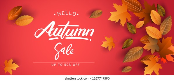 Autumn Sale Background, Hand Drawn Autumn calligraphy with falling leaves, Web Banner, shopping sale or seasonal poster, Postcard and Invitation card. Vector illustration