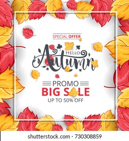 Autumn Sale Background with Hand Drawn Autumn Text and Leaves around it. For Holiday sale Promo, Invitation card and Greeting card