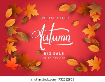 Autumn Sale Background, Hand Drawn Autumn calligraphy with falling leaves, Web Banner, shopping sale or seasonal poster, Postcard and Invitation card. Vector illustration