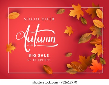 Autumn Sale Background, Hand Drawn Autumn calligraphy with falling leaves, Web Banner, shopping sale or seasonal poster, Postcard and Invitation card. Vector illustration