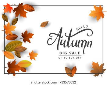 Autumn Sale Background, Hand Drawn Autumn calligraphy with falling leaves, Web Banner, shopping sale or seasonal poster, Postcard and Invitation card. Vector illustration