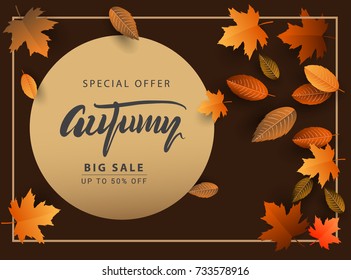 Autumn Sale Background, Hand Drawn Autumn calligraphy with falling leaves, Web Banner, shopping sale or seasonal poster, Postcard and Invitation card. Vector illustration