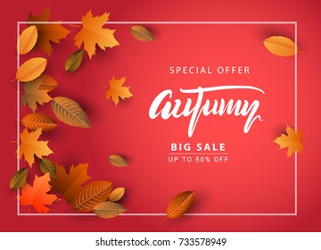 Autumn Sale Background, Hand Drawn Autumn calligraphy with falling leaves, Web Banner, shopping sale or seasonal poster, Postcard and Invitation card. Vector illustration