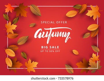 Autumn Sale Background, Hand Drawn Autumn calligraphy with falling leaves, Web Banner, shopping sale or seasonal poster, Postcard and Invitation card. Vector illustration