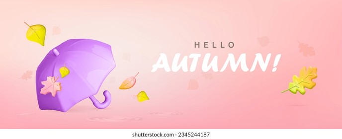 Autumn sale background. Hello autumn template with umbrella and fall yellow leaves. 3d vector illustration