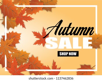 Autumn sale . background layout decorate with leaves paper art style design for shopping sale or promo poster , web, banner. Vector
