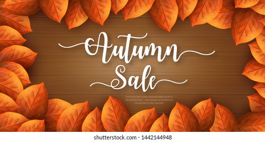 Autumn sale background layout decorate with leaves for shopping. Sale colorful seasonal fall leaves in orange background template for shopping discount, promotion, poster, frame, leaflet, web banner.