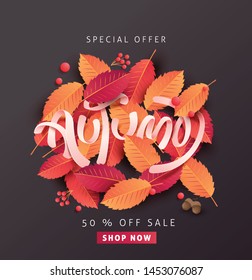 Autumn sale background layout decorate with leaves for shopping or promo poster and frame leaflet or web banner.Vector illustration template.
