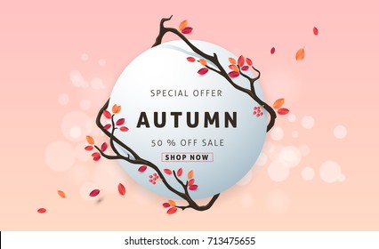 Autumn Sale Background Layout Decorate With Leaves For Shopping Sale Or Promo Poster And Frame Leaflet Or Web Banner.Vector Illustration Template.