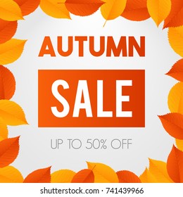 Autumn sale background layout decorate with leaves for shopping sale or promo poster and frame leaflet or web banner.Vector illustration template. Orange and yellow discount flyer.