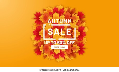 Autumn sale background layout decorated with leaves. Sale or promo poster. Promotion coupon. Discount leaflet. Sale web banner. Vector illustration.