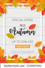 Autumn sale background with leaves. Can be used for shopping sale, promo poster, banner, flyer, invitation, website or greeting card. Vector illustration