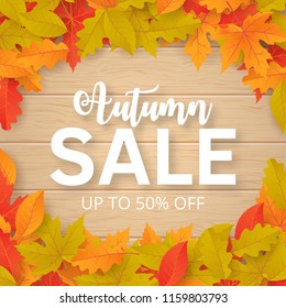 Autumn sale background with leaves. Can be used for shopping sale, promo poster, banner, flyer, invitation, website or greeting card. Vector illustration