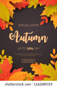 Autumn sale background with leaves. Can be used for shopping sale, promo poster, banner, flyer, invitation, website or greeting card. Vector illustration