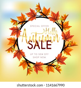 autumn sale background with leaves maple round frame