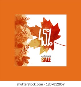 Autumn sale background with leaves for shopping sale or promo poster .Vector illustration template. 45% sale