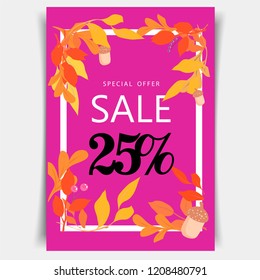 Autumn sale background with leaves for shopping sale or promo poster .Vector illustration template. leaves border. 25% sale