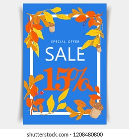 Autumn sale background with leaves for shopping sale or promo poster .Vector illustration template. leaves border. 15% sale