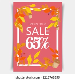 Autumn sale background with leaves for shopping sale or promo poster .Vector illustration template. leaves border. 65% sale