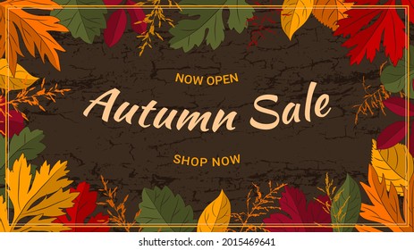 Autumn sale background with leaves for shopping sale, promo poster, flyer, web banner. Colorful leaves, grass on dark brown bark wood texture. Horizontal composition. Vector illustration.