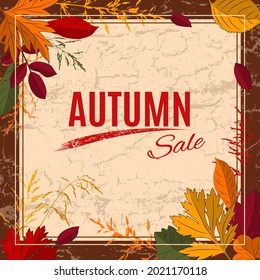 Autumn sale background with leaves for shopping sale, promo poster, flyer, web banner. Colorful leaves, grass on beige bark wood or craquelure texture. Vector illustration