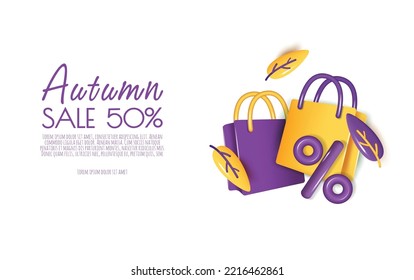Autumn sale background with leaves, shopping bag, percent symbol acorn. Copy space text