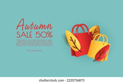Autumn sale background with leaves, shopping bag, copy space text. 3D vector illustration