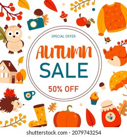 Autumn sale background with many elements: wild animals, harvest, shoes, house, sweater, cake and more. Vector illustration.