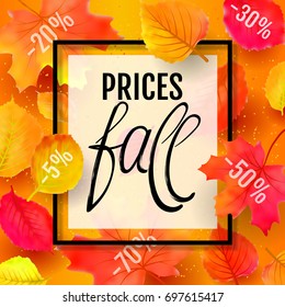Autumn sale background with maple quality watercolor imitation leaves. Vector illustration. Prices fall hand drawing lettering. EPS 10
