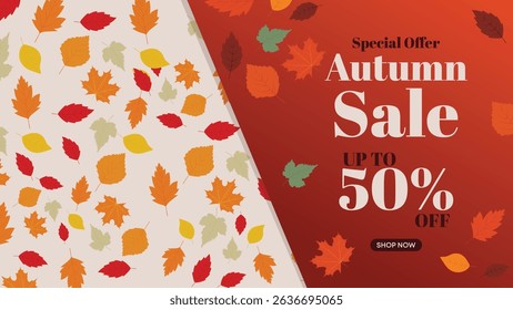 Autumn Sale Background with Orange Leaves and Triangular Split Design
