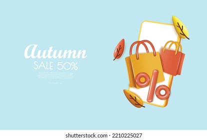 Autumn sale background with percent symbol, orange leaves, shopping bag, copy space text. 3D vector illustration