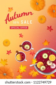 Autumn sale background with punch in a bowl and cups, slices of oranges, apples,cinnamon, anise, berries, pumpkins, leaves on a table. Discount, sale in autumn. Special seasonal offer banner. Vector