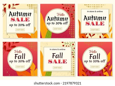 Autumn Sale Background Set. Social Media Post Or Banner Design With Foliage Border. Promotion, Discount Posters With Fall Leaves Frame. Thanksgiving, Fashion Advertising Template. Vector Illustration.