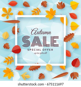 Autumn sale background template with bright leaves. Vector illustration