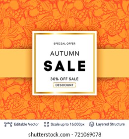 Autumn sale background template. Bright pattern and text block for your special price offers. Vector illustration easy to edit.