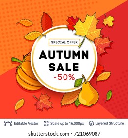 Autumn sale background template. Bright pattern and text block for your special price offers. Vector illustration easy to edit.