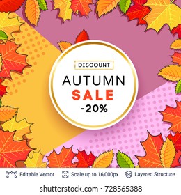 Autumn sale background template. Bright pattern and text block for your special price offers. Vector illustration easy to edit.