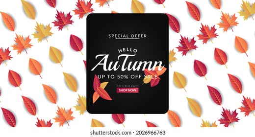 Autumn sale background template design decorated with colorful leaves. Suitable for banner, poster, flyer, etc.