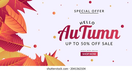 Autumn sale background template design decorated with colorful leaves. Suitable for banner, poster, flyer, etc.