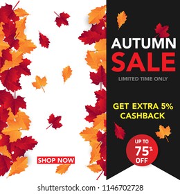 Autumn sale background template with leaves, fall leaves for shopping sale. banner design. Poster, card, label, web banner. Vector illustration
