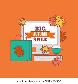 Autumn sale background. Vector flat illustration. Flat icons of bag, cup, maple leaf and computer. Concept for buying goods via internet store, online shopping, banner, flyer design.