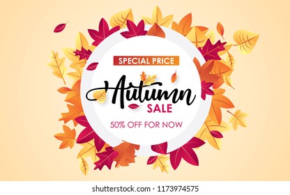 Autumn sale background vector with oval frame and leaves. For shopping sale, poster, leaflet or web banner.