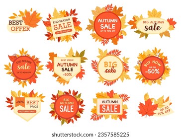 Etiqueta de insignia de venta de otoño con hojas coloridas y inscripción de promoción creativa aislada. Fin de temporada, comprar ahora, mejor precio de oferta de reducción, porcentaje de venta, descuento de liquidación