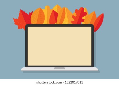 Autumn sale badge or sign. Flat design laptop screen with free room for text and fall leaves behind it. Simple vector illustration.